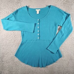 Sundance Henley Top Womens S Blue LS Waffle Knit Thermal Baselayer Outerwear